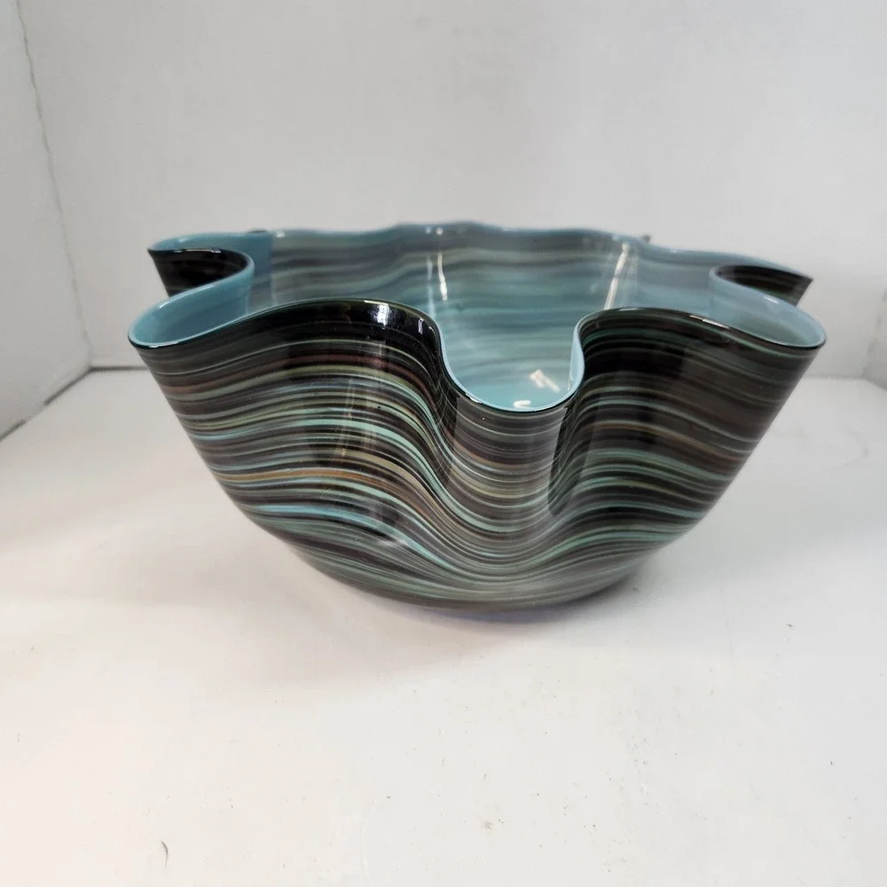 Vintage 3 Pc Murano-Style Art Glass Handkerchief Bowl Set Blue-Green Swirl Read